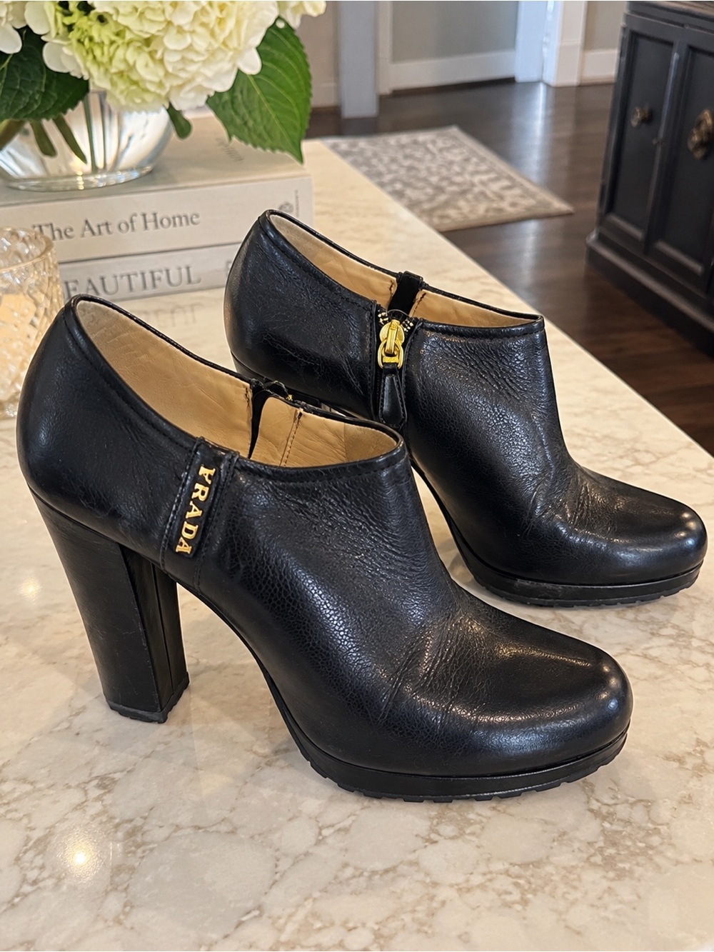 Prada Black Leather Gold Logo Platform Heel Booties Size 39